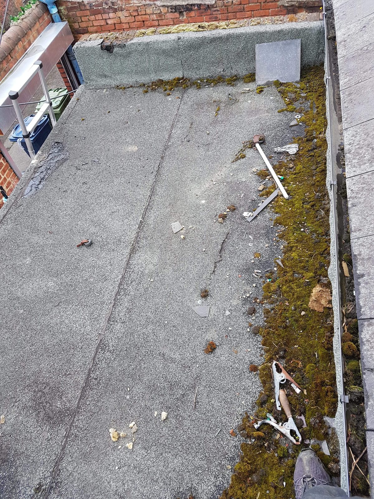 An old felt flat roof with moss and debris
